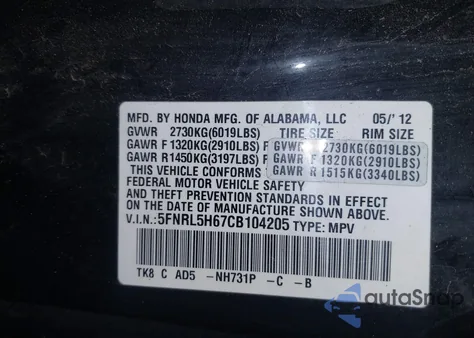 2012 Honda Odyssey Ex-L z USA, uszkodzony, nr VIN 5FNRL5H67CB104205